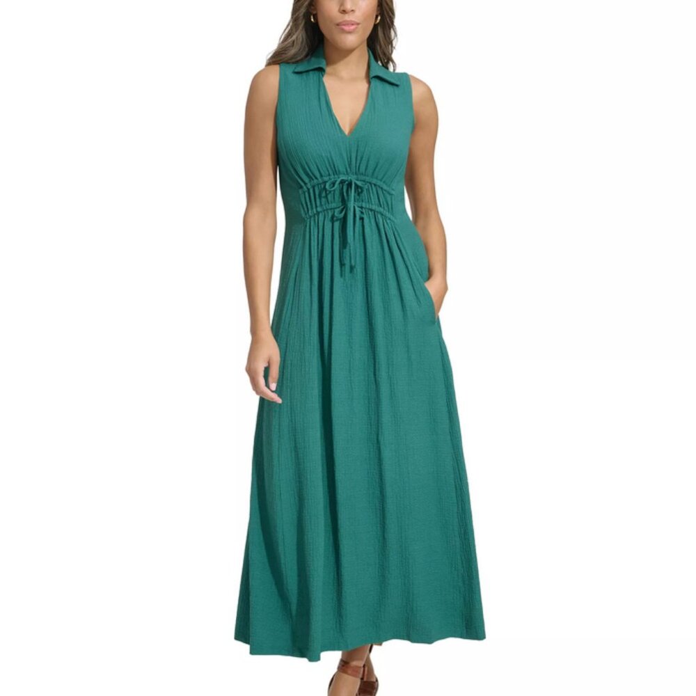 Calvin Klein Collared V-Neck Midi Dress Textured A-Line Size M Casual/Wedding